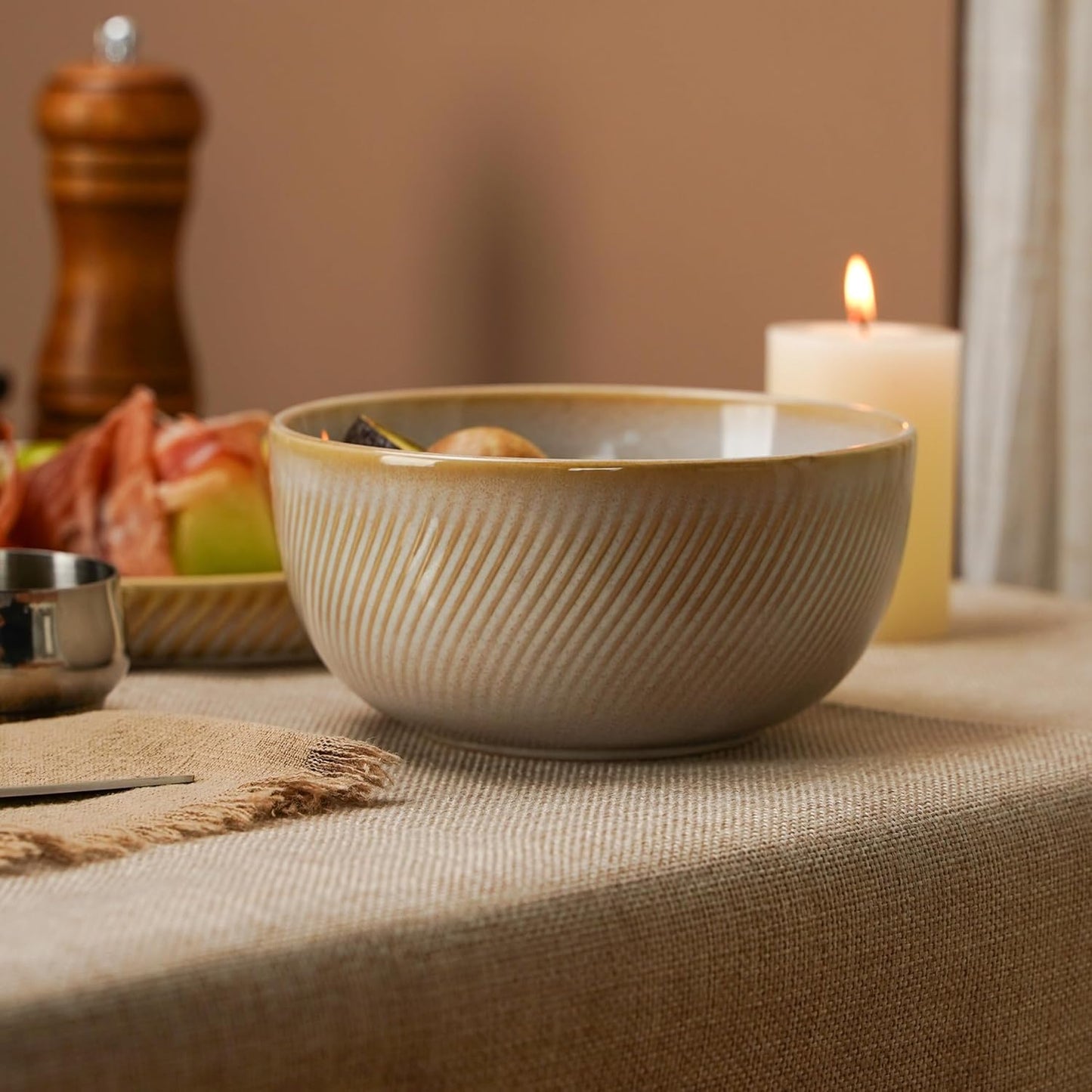 Stoneware Dinnerware Sets for 4, 12-Piece Scratch Resistant Plates and Bowls Set, Dishwasher and Microwave Safe Ceramic Dishes Set, Ribbed, Sculpted Dune