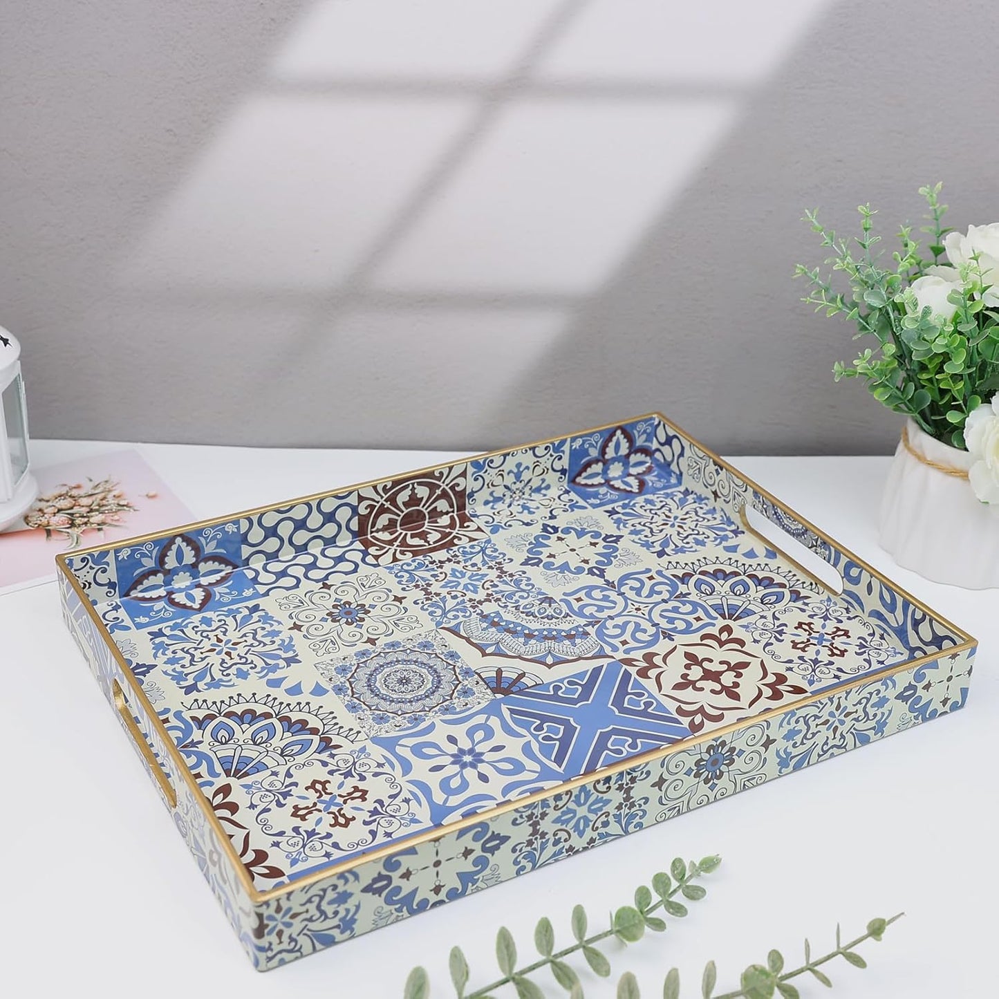 Spsyrine Decorative Serving Tray with Handles, Lacquered Coffee Table Tray for Ottoman, Rectangular Waterproof Platters for Centerpieces, Parties, Living Room, Kitchen Counter Organization SP3040RE1