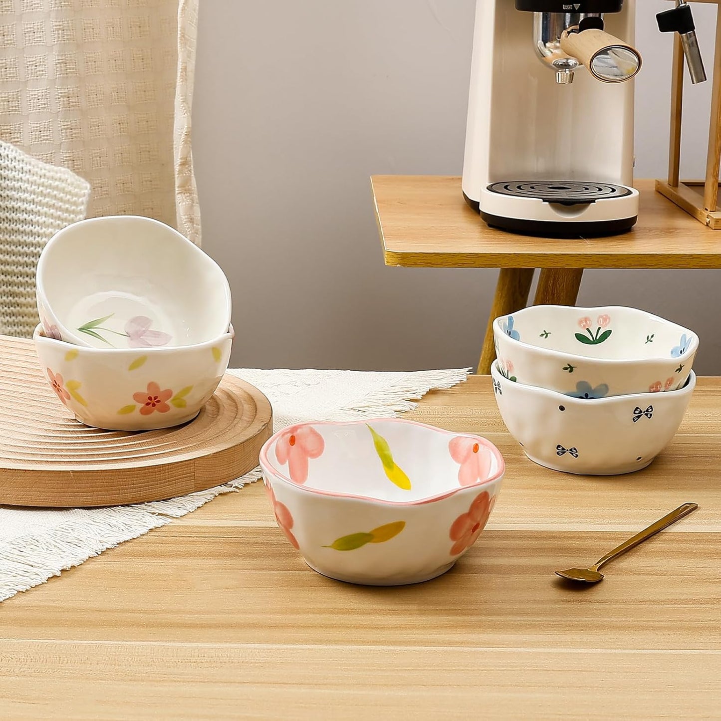 Koythin Ceramic Cereal Bowl, Cute Flowers Pattern Kitchen Bowls for Cereal, Salad, Pasta, Soup, Dessert, Serving, Home Decor, Microwave and Dishwasher Safe (Pink Large Petals)