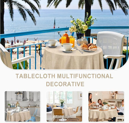 JIUZHEN Round Table Cloth Faux Linen Farmhouse Tablecloth Wrinkle and Stain Resistant Decorative Fabric Table Cover for Kitchen, Dining Room, Parties and Camping, Beige, 90 Inch Round