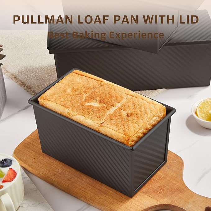 KITESSENSU Carbon Steel Pullman Loaf Pan with Lid, 1 lb Dough Capacity, Black, Non-Stick, Bread and Toast