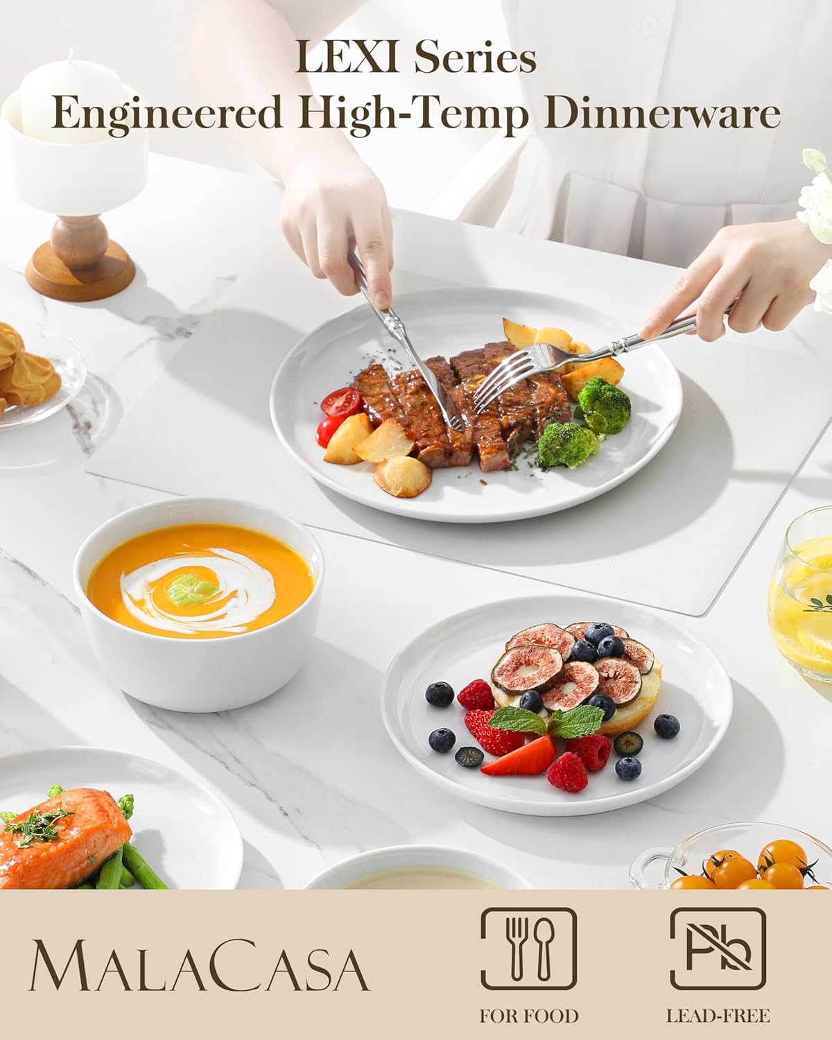 MALACASA 24 Pieces Gourmet Porcelain Dinnerware Sets, Premium Plates and Bowls Set, High-Fired Ceramic Dishes Set for 8, Chip & Scratch Resistant, Microwave Dishwasher Safe, White, Series LEXI