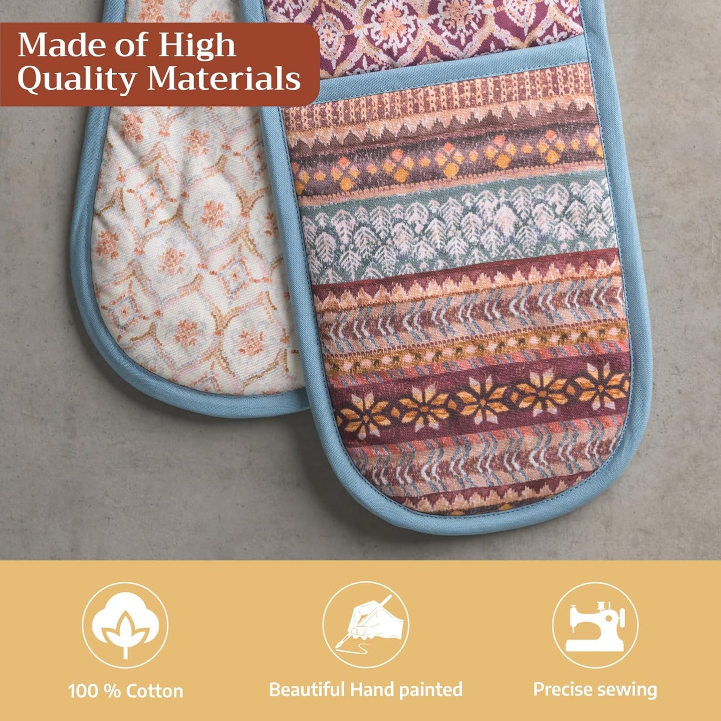 Maison d' Hermine Double Oven Mitt (7" x 35") 100% Cotton Heat Resistant BBQ Cooking Gloves with Loop for Thanksgiving Christmas Decorations Baking Cooking Barbeque Handling Hot Pan (Fair Isle)