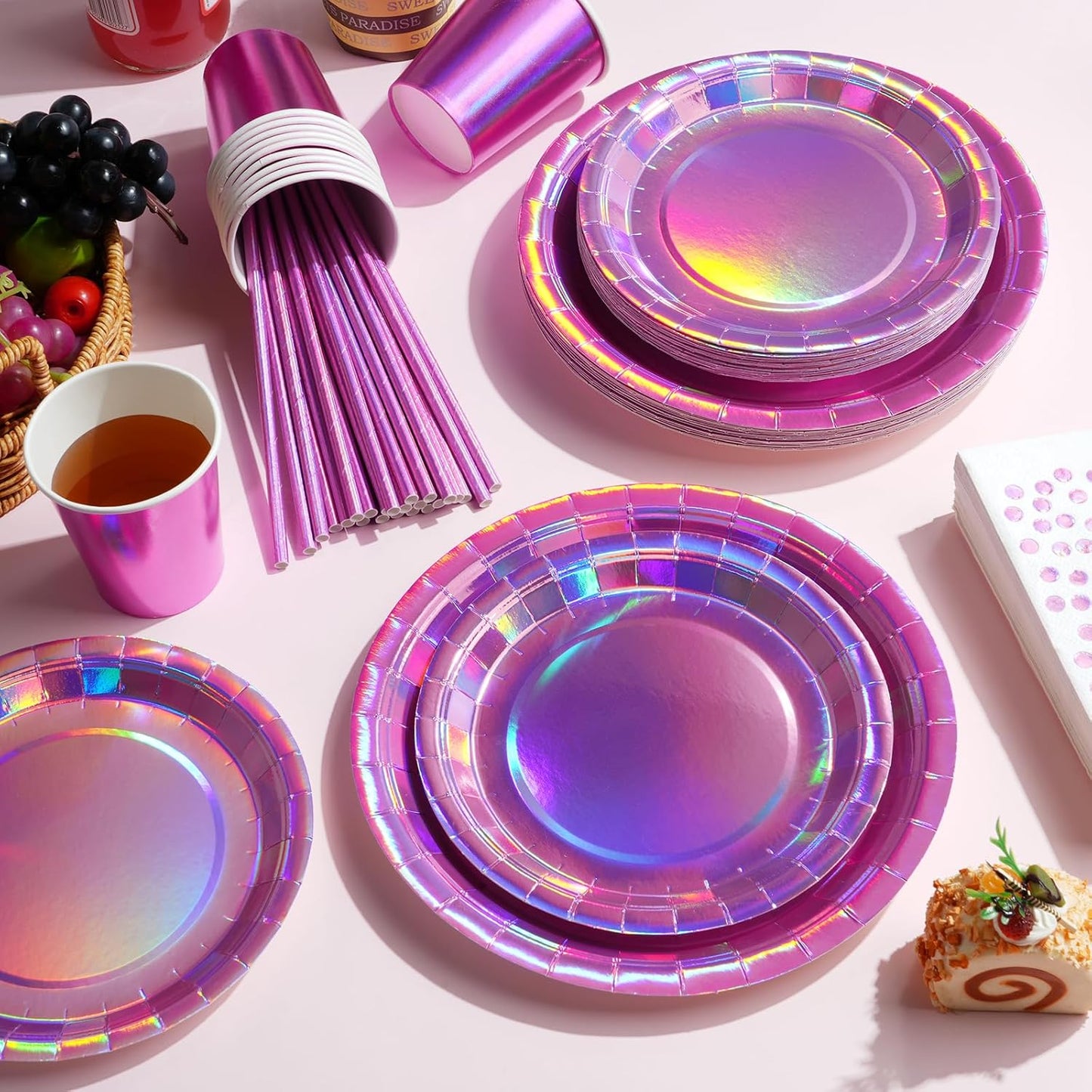 Iridescent Pink Party Supplies Decorations Serve 50, Hot Pink Holographic Paper Plates and Napkins Set, Disposable Pink Paper Plates Cups Knives Spoons Fork for Mermaid Disco Birthday Graduation Party