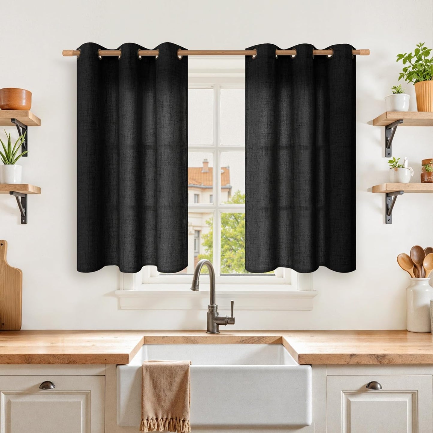 YoungsTex Black Linen Curtains 40 Inch Length for Kitchen Cafe Window, Short Semi Sheer Drapes with Bronze Grommet Textured Privacy for Bedroom Bathroom, 42 x 40 Inch, 2 Panels