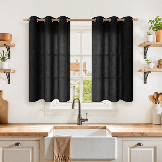 YoungsTex Black Linen Curtains 40 Inch Length for Kitchen Cafe Window, Short Semi Sheer Drapes with Bronze Grommet Textured Privacy for Bedroom Bathroom, 42 x 40 Inch, 2 Panels