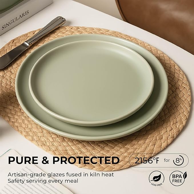 12-Piece Matte Green Dinnerware Set,Stoneware Dinnerware for 4, Microwave & Dishwasher Safe, Stackable Design for Kitchen and Dining - Plates and Bowls