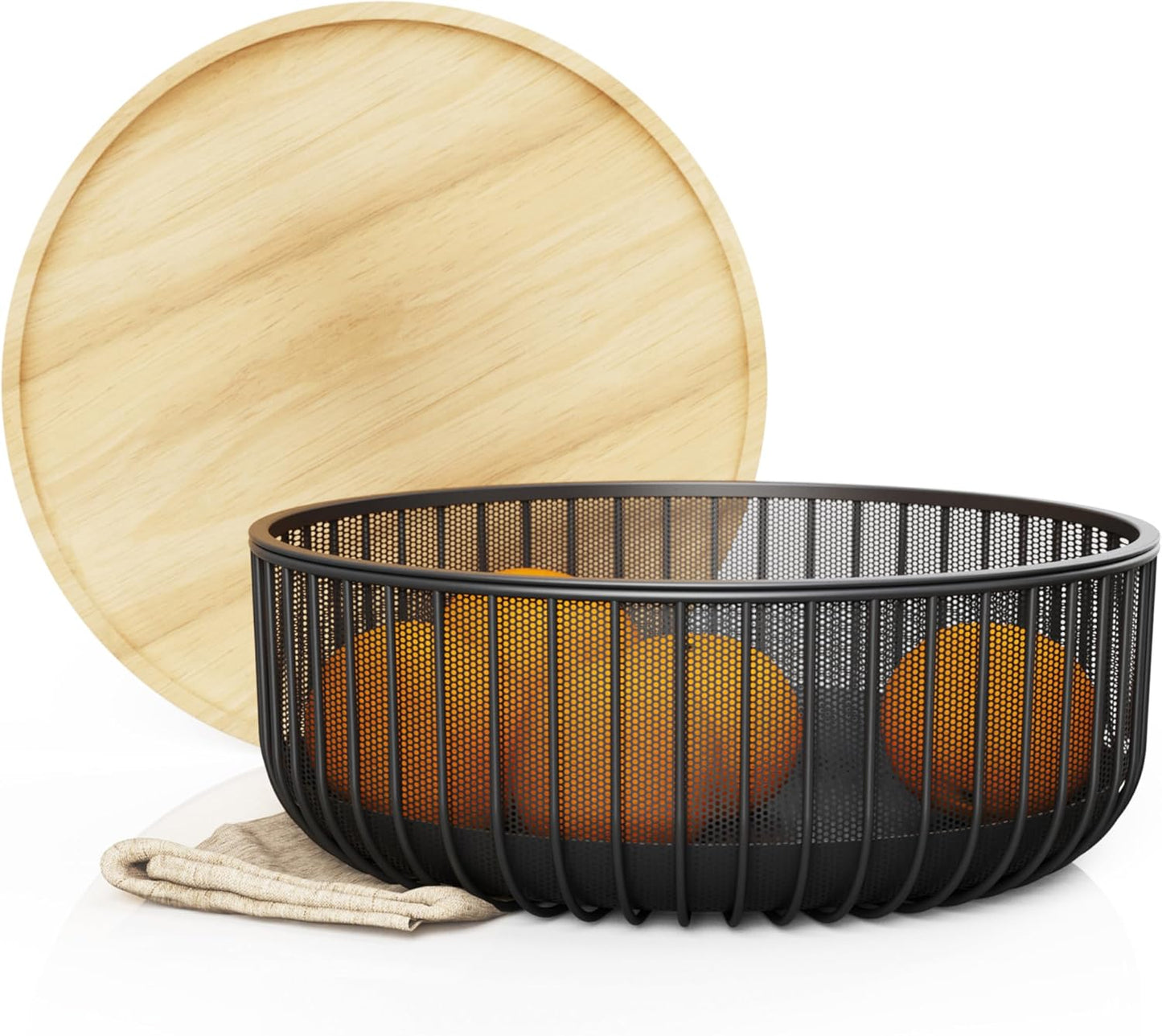 Metal Wire Mesh Fruit Basket with Wooden Lid - Fly-Proof Indoor Solution for Fresh Fruits - Covered Fruit Bowl with Lid - Produce Cover Against Flies for Vegetables - Black