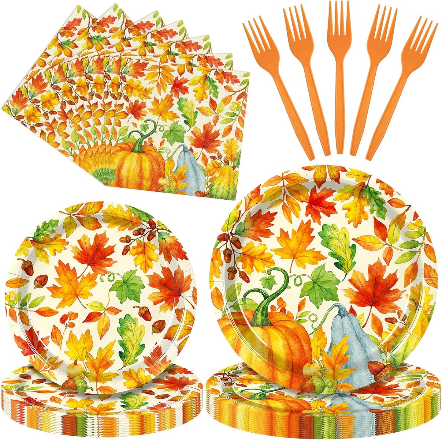 96 Pieces Fall Pumpkin Party Tableware Set – Autumn-Themed Disposable Plates, Napkins, and Orange Forks for Thanksgiving, Harvest Festivals, and Fall Gatherings – Serves 24 Guests