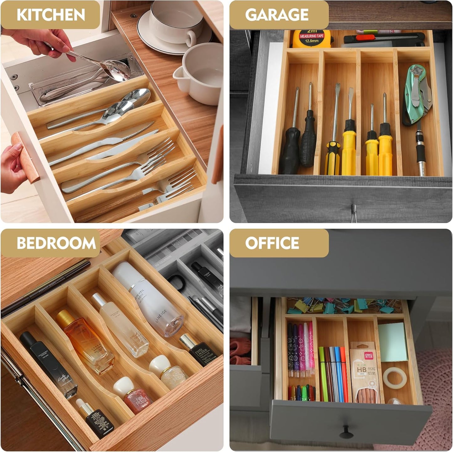 Bamboo Kitchen Drawer Organizer, 9 Inch Silverware Utensil Holder for Samll Drawer, Narrow Silverware Organizer for Cutlery Knives