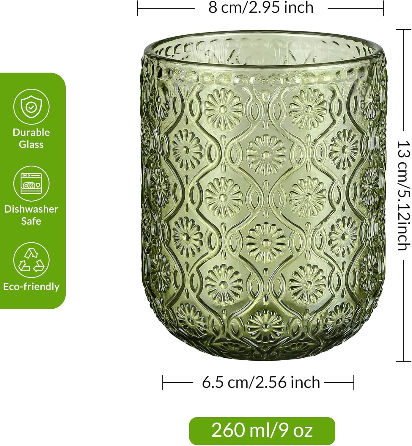Joeyan Small Green Drinking Glasses,Vintage Embossed Floral Water Glass Tumbler Cups,Colored Beverages Cocktail Juice Wine Glassware,9 oz,Set of 4,Dishwasher Safe