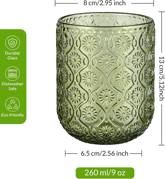 Joeyan Small Green Drinking Glasses,Vintage Embossed Floral Water Glass Tumbler Cups,Colored Beverages Cocktail Juice Wine Glassware,9 oz,Set of 4,Dishwasher Safe