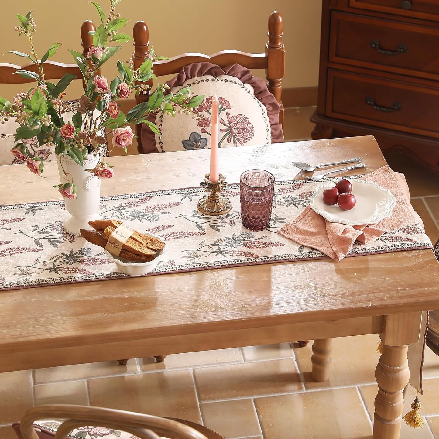 ISAENNE Designer Light Beige Linen Extra Long Table Runner 118 Inches,Vintage Floral Wrinkle Resistant Table Runners for Dining Tables,Christmas,Thanksgiving,Kitchen Tables,12"*118"-Helena A