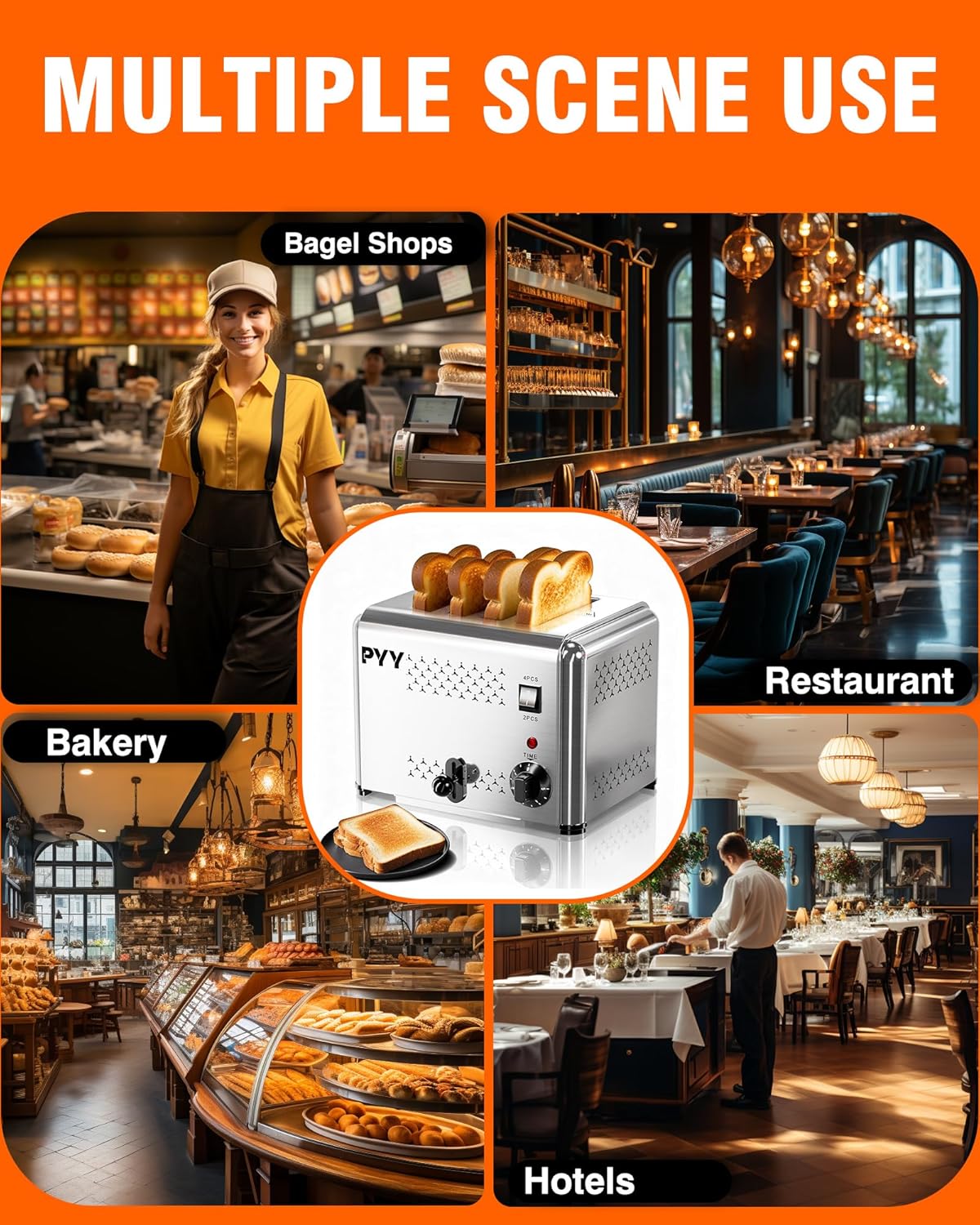 PYY Commercial Toaster 4 Slices - with 2/4 Slice Option, 120Pcs/H, 6-Level Setting Toaster with Removable Crumb Tray, 1.1 inch Wide Slot for Bagel, Bread, 1200W Stainless Steel for Restaurant, Home