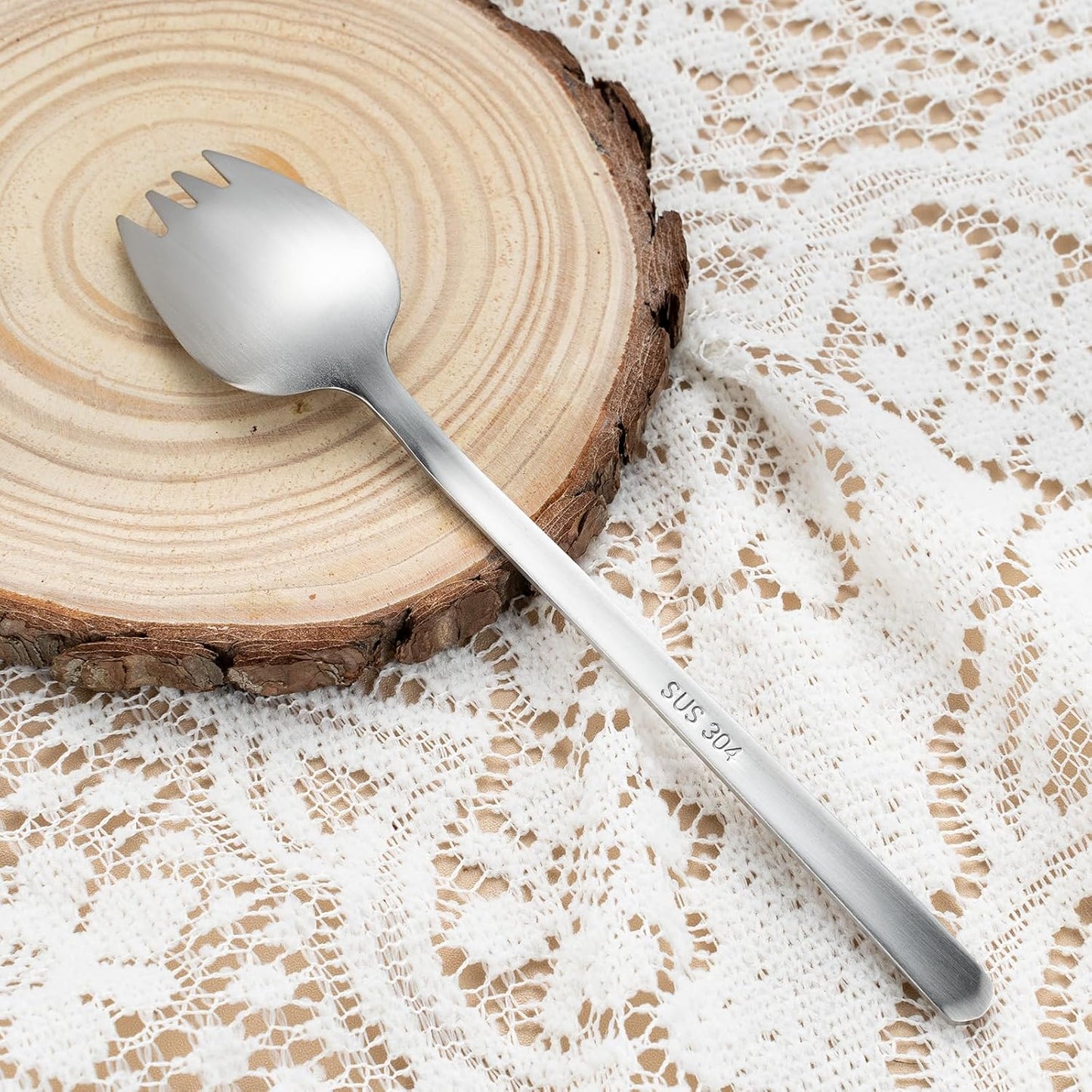 8-Piece Silver Salad Serving Set - 11.4 inch Stainless Steel Spoon & Fork with 6 Salad Forks, Titanium Plating, Dishwasher Safe for Entertaining, Parties