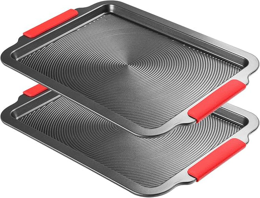 Baking Pans Set with Circle Grooves, 2-Piece 16x11in Nonstick Cookie Sheets for Baking & Roasting, Baking Sheet with Red Grips, PFAS/PTFE Free,Gray