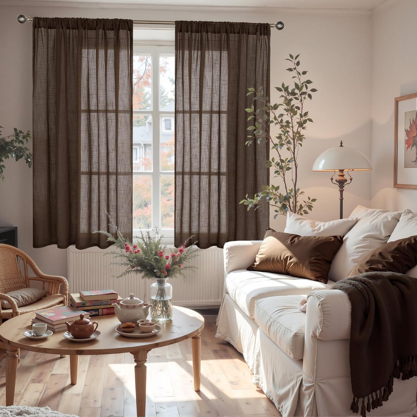 BGment Curtains 48 Inch Length for Short Window, Brown Linen Sheer Drapes for Bedroom Kitchen Cafe Bathroom Decor Lightweight Rustic Country Textured Rod Pocket, 2 Panels Set, Each 42 Inch Wide