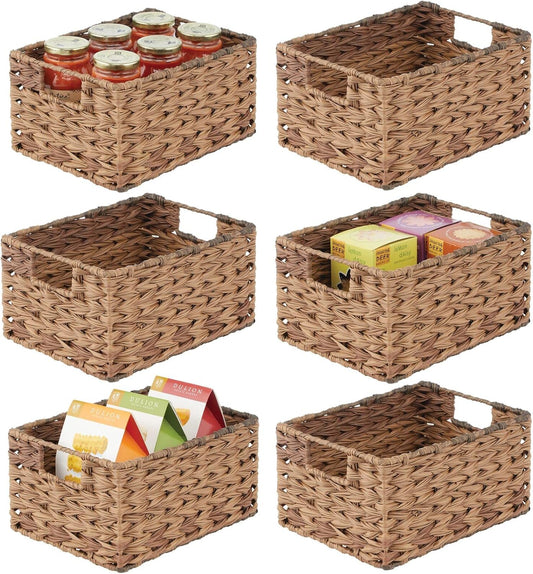 mDesign Woven Farmhouse Kitchen Pantry Food Storage Organizer Basket Bin Box - Container Organization for Cabinets, Cupboards, Shelves, Countertops - Store Potatoes, Onions, Fruit, 6 Pack, Brown Ombre