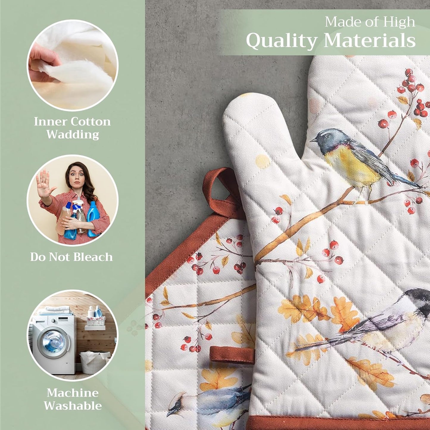 Maison d' Hermine 100% Cotton Oven Mitt & Pot Holder Set (7.5"x13" & 8"x8") Heat Resistant BBQ Cooking Gloves with Loop for Thanksgiving Christmas Decorations Handling Hot Pans (Oak Leaves)