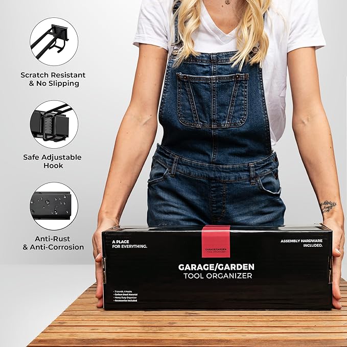 TIDYME Garage Wall Organizer | 64" Heavy-Duty Tool Storage Rack | Adjustable Double-Layer Hooks | 400 lbs Capacity | Carbon Steel Wall Mount Holder for Shovels, Rakes, Ladders & Power Tools