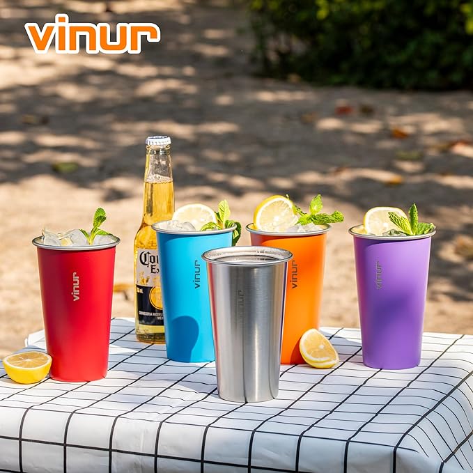 VINUR 20 oz Stainless Steel Cups 4 Pack Pint Tumbler Stackable Metal Drinking Glasses for Travel, Camping, Outdoors (Purple-Orange-Sky Blue-Canyon Red)