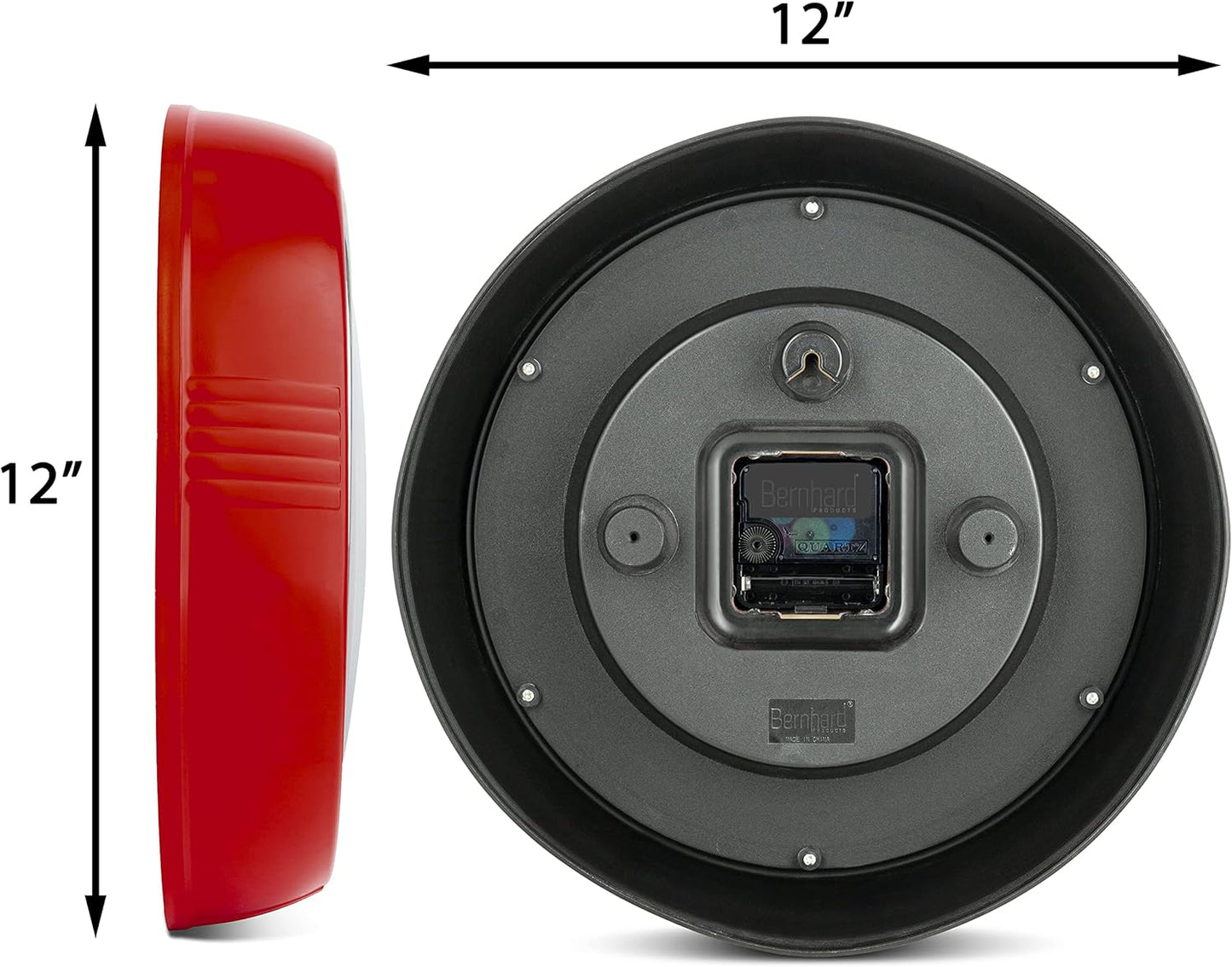 Bernhard Products Retro Wall Clock 12 Inch Red Kitchen 50's Vintage Design Round Silent Non Ticking Battery Operated Quality Quartz Clock for Home Office School or Classroom