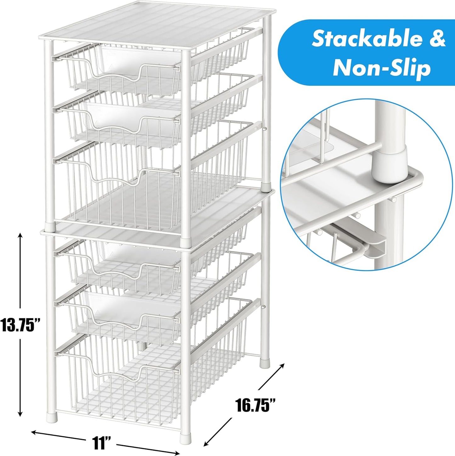 Simple Houseware 3-Tier Stackable Sliding Basket Storage Organizer Drawer for Bathroom and Kitchen, White