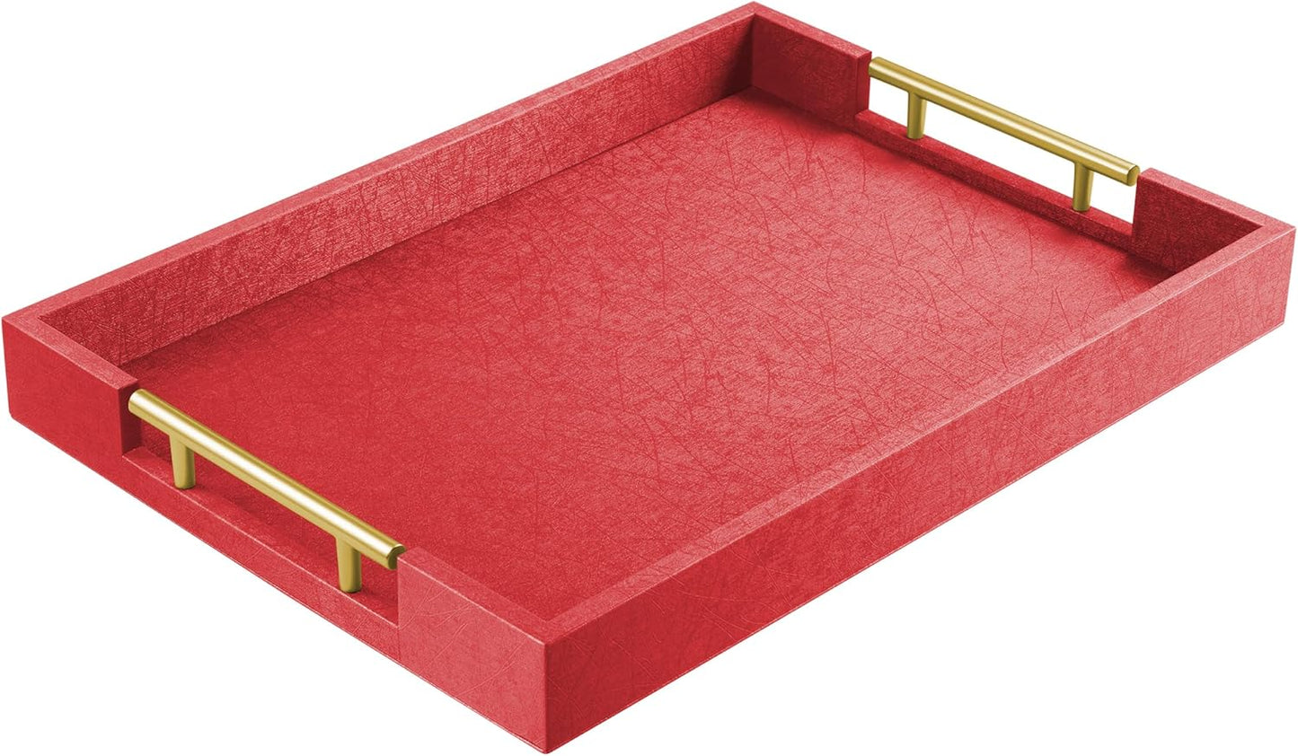 17" x 12" Wood Serving Tray with Gold Polished Metal Handles, Home Decorative Wooden Rectangle Ottoman Leather Decor Platter Bathroom Vanity Tray for All Occasions Red