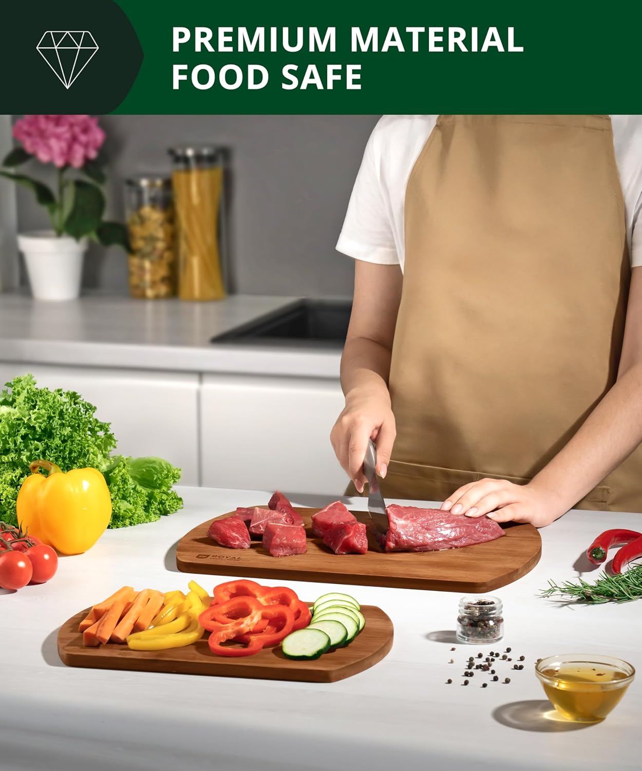 ROYAL CRAFT WOOD Wooden Cutting Boards for Kitchen Meal Prep & Serving - Bamboo Wood Serving Board Set - Charcuterie & Chopping Butcher Block for Meat