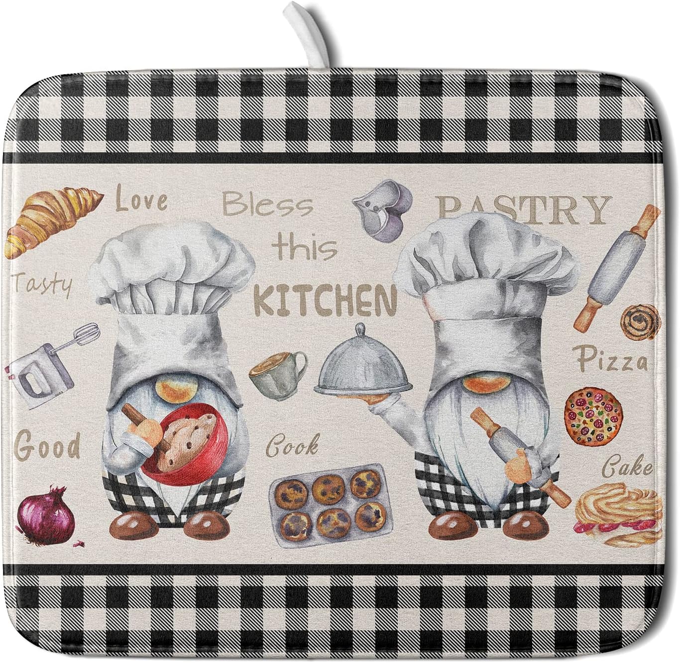 Gnome Chef Dish Drying Mat for Kitchen Counter Decor, Black White Buffalo Checked Dish Drainer Rack Mats Absorbent Microfiber Protector for Countertops Sinks, 16x18 Inch