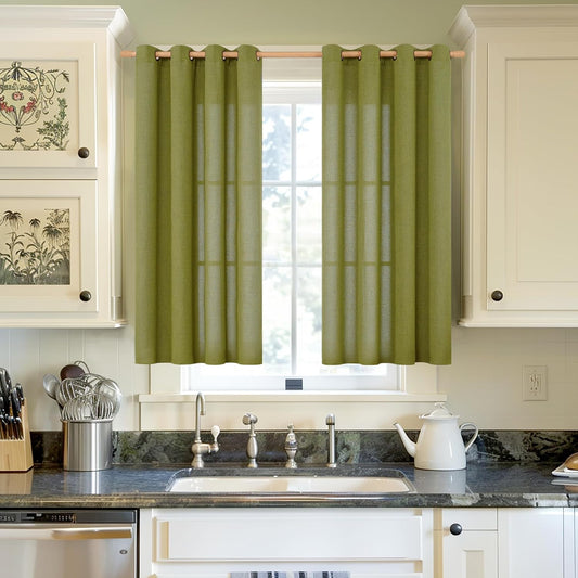 YoungsTex Olive Green Linen Curtains 45 Inches Length Textured Short Window Drapes Light Filtering with Bronze Grommet for Kitchen Bedroom Cafe Decorative, 42 x 45 Inch, 2 Panels
