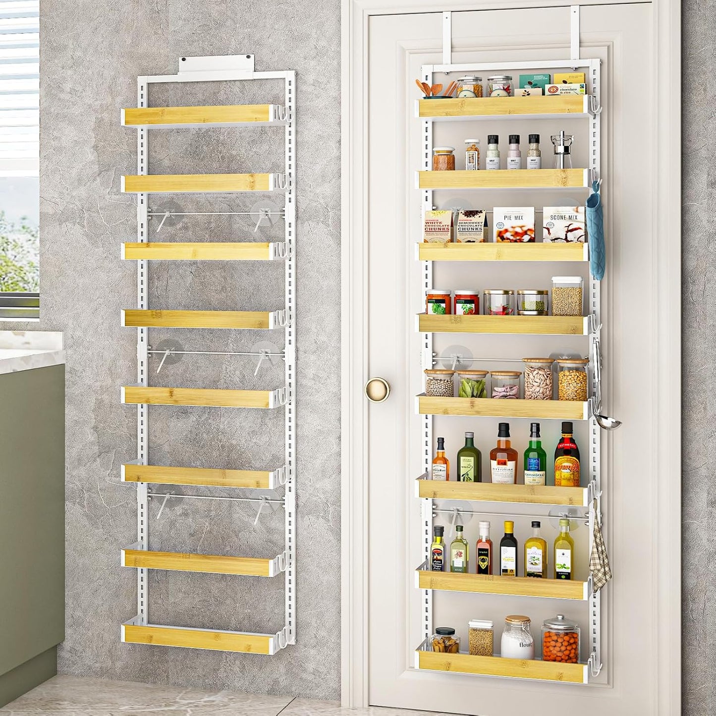 bukfen Over the Door Pantry Organizer 8-Tier Adjustable Basket Kitchen Pantry Door Organization and Storage, 2 in 1 Wall Mount or Hanging Heavy-Duty Metal Hanging Kitchen Spice Rack