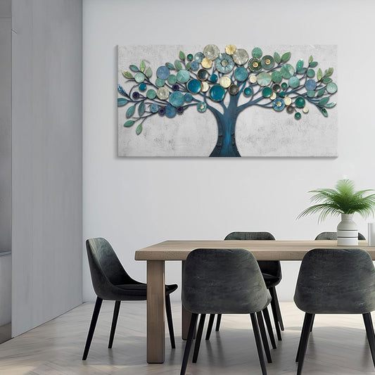 CHATYOUNG Wall Art Living Room - Large Teal Blue Tree of Life Abstract Landscape Painting Modern Print Artwork for Dining Room Bedroom Bathroom Office Home Decor 48"x24"