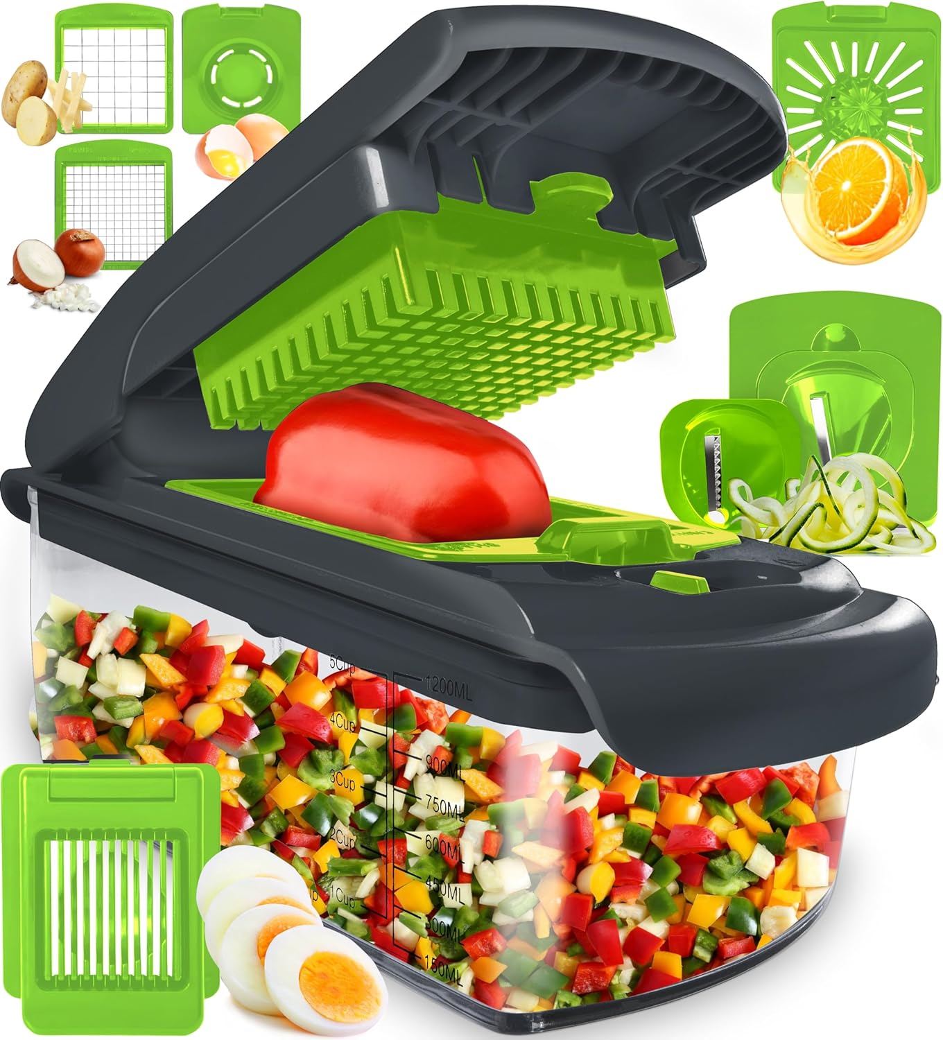 Fullstar The Original Pro Chopper - Vegetable Chopper and Spiralizer, Food Chopper with Container, Fruit Slicer, Kitchen Gadgets & Accessories, Home Essentials (8 in 1, Gray/Green)