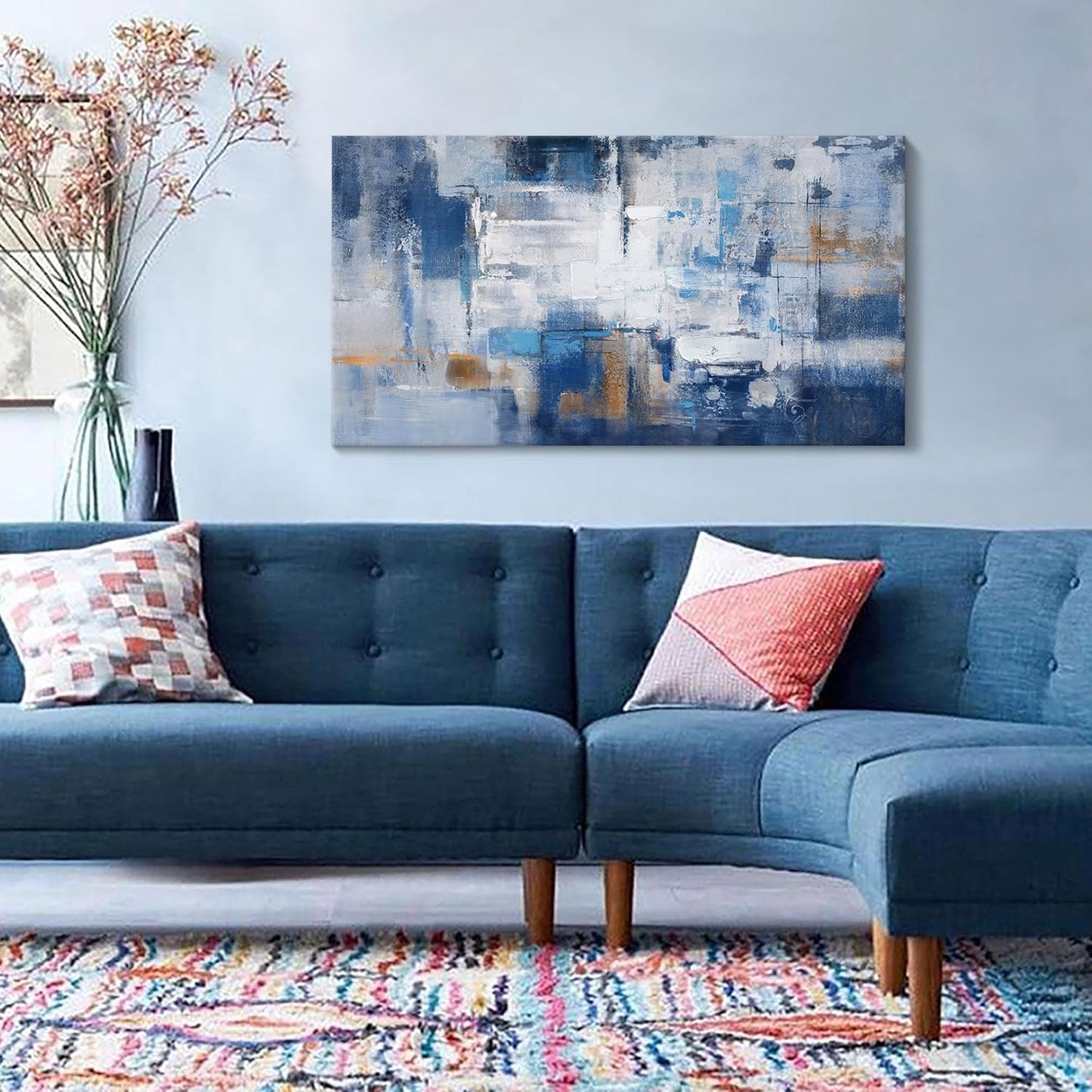 KLAKLA Blue Wall Decor - Abstract Canvas Wall Art for Living Room - Artistic Elegance Unveiled in a Beautiful Wooden Frame & Blue and White Pictures for Office Bedroom Wall Decoration