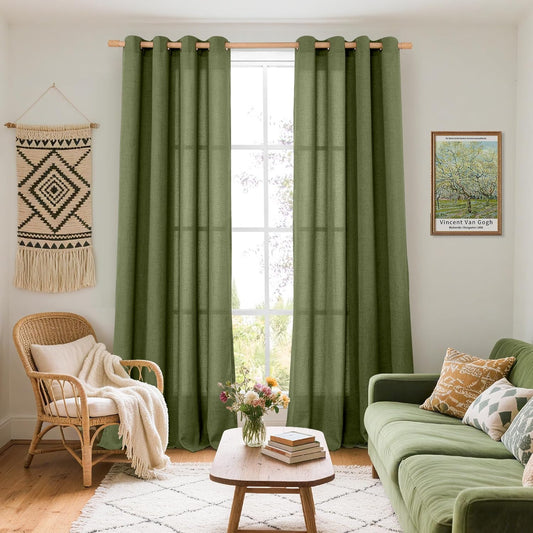 YoungsTex Olive Linen Curtains 95 Inches Long 2 Panels for Living Room, Dark Green Semi Sheer Drapes with Bronze Grommet Window Treatments Floor Length for Bedroom Dining, 52 X 95 Inch