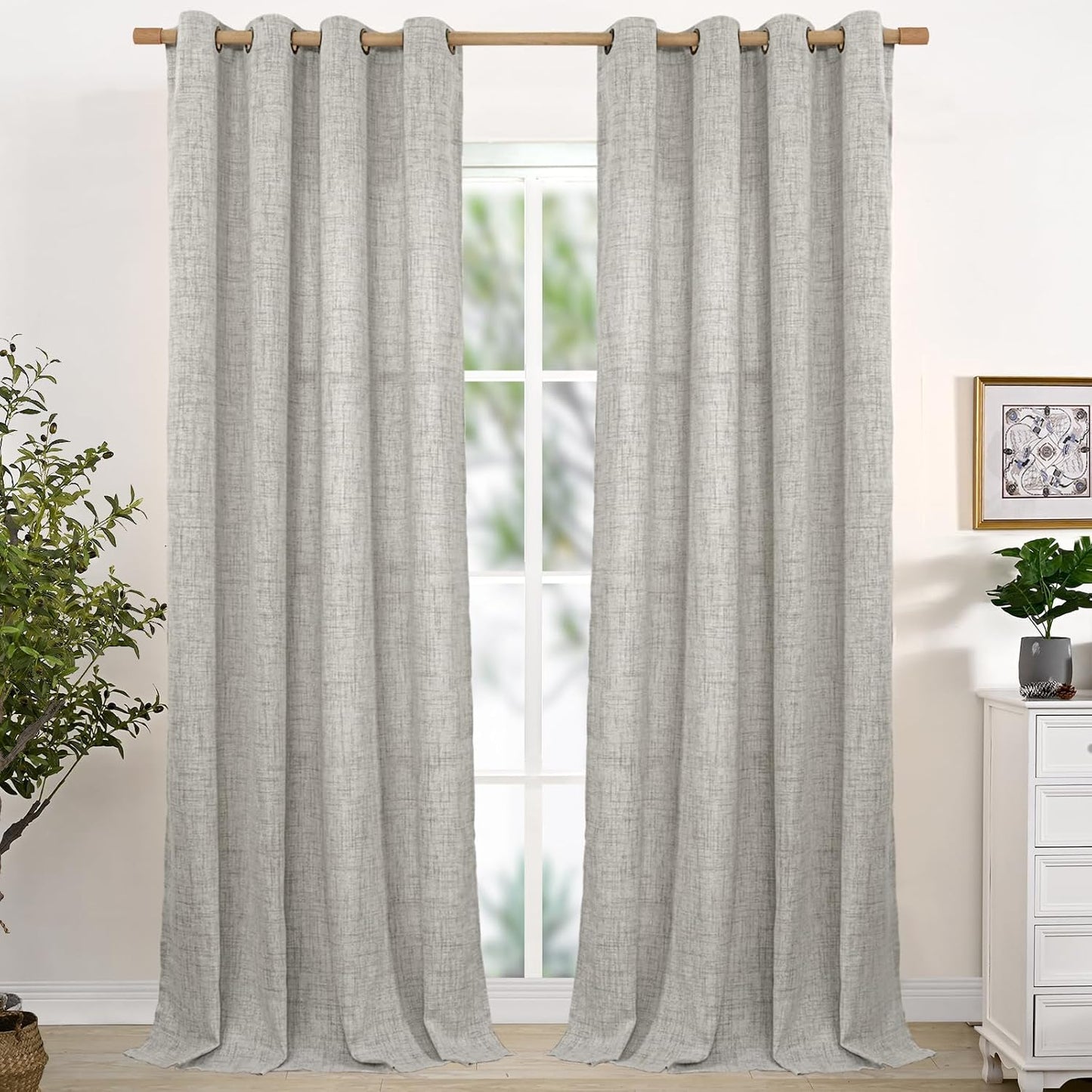 YoungsTex Linen Curtains for Living Room 95 Inch Long, Dark Grey Semi Sheer Drapes Privacy Light Filtering with Bronze Grommet for Bedroom Dining Floor Length, 2 Panels, 52 X 95 Inch