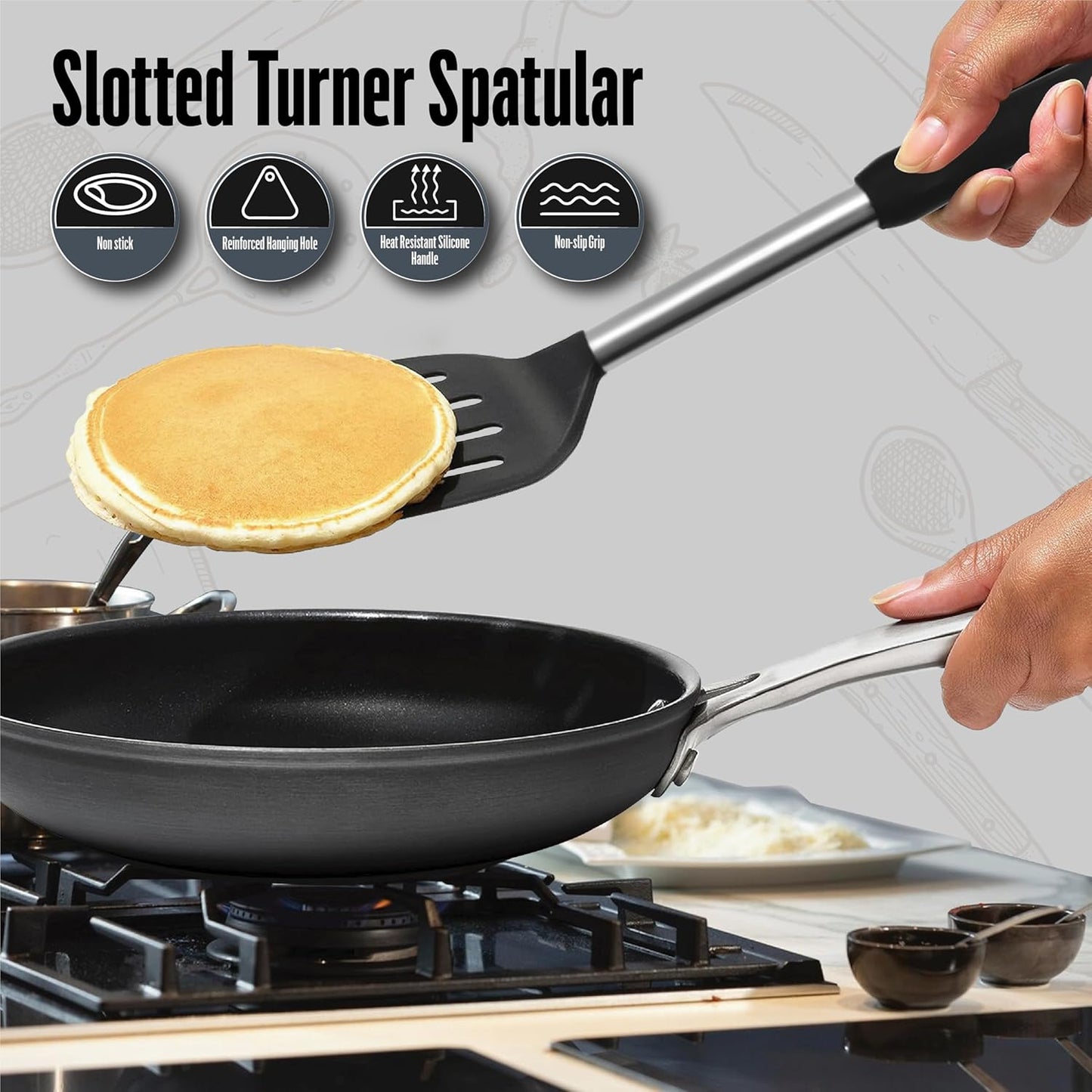 Silicone Spatulas set for kitchen: Heat Resistant Turner & Slotted Silicone Spatula for Cooking, Non Toxic Kitchen Utensils, Ideal kitchen spatula turner for Eggs & Pancakes - Black