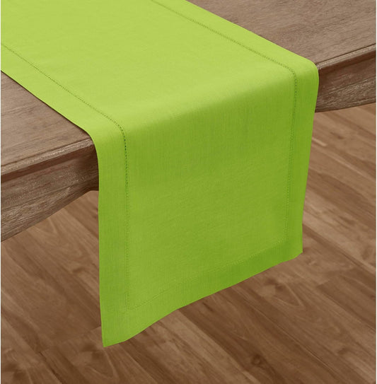 Solino Home Linen Table Runner 120 Inches Long - 100% Pure Linen Lime Green Table Runner 14 x 120 Inch - Classic Hemstitch
