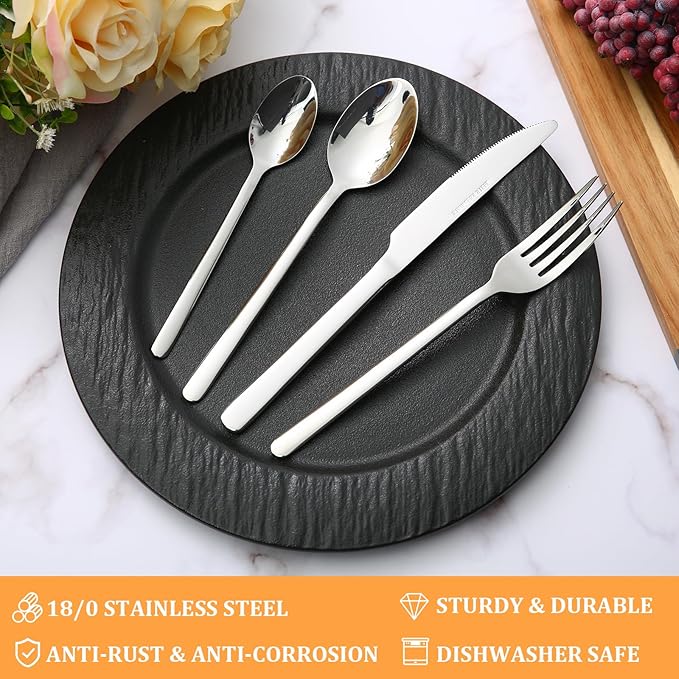 KOOMADE-Reverie 24 Piece Flatware Set Silverware Stainless Steel Flatware Utensils Cutlery Set Including Steak Knife Fork and Spoon for Home, Kitchen and Restaurant, Dishwasher Safe