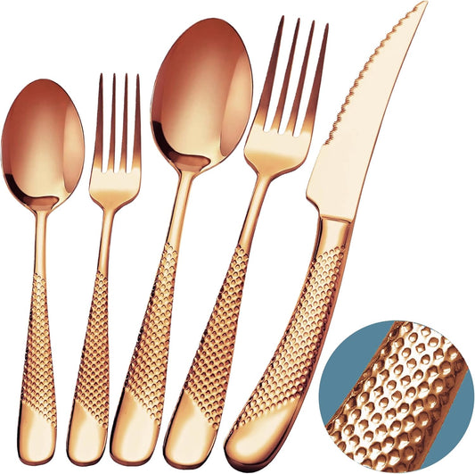 Runfly 20 Piece Hammered Rose Gold/Copper Silverware Set, 18/10 Stainless Steel Flatware Set, Modern Kitchen Utensil Set Service for 4, Tableware Set, Cutlery Set Including Fork Spoon and Knife