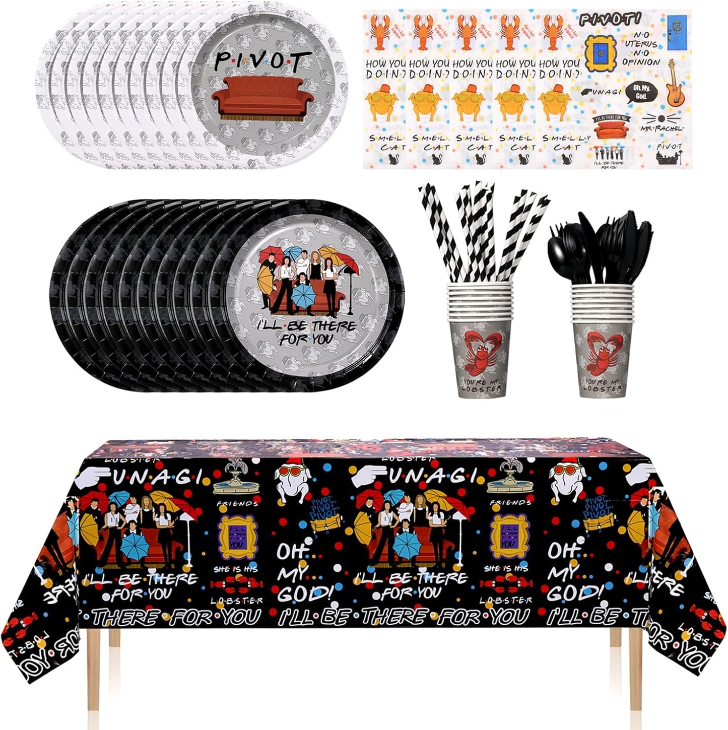 161CT iFriends Party Supplies Disposable iFriends Dinner Plates Cups Straw Napkins Spoon Fork knives Tablecloth, iFriends Birthday Party Decorations and Party Tableware Serves 20 Guests, Black