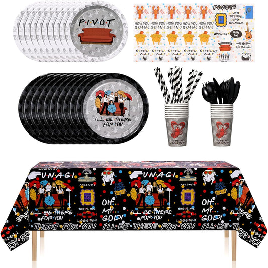 161CT iFriends Party Supplies Disposable iFriends Dinner Plates Cups Straw Napkins Spoon Fork knives Tablecloth, iFriends Birthday Party Decorations and Party Tableware Serves 20 Guests, Black
