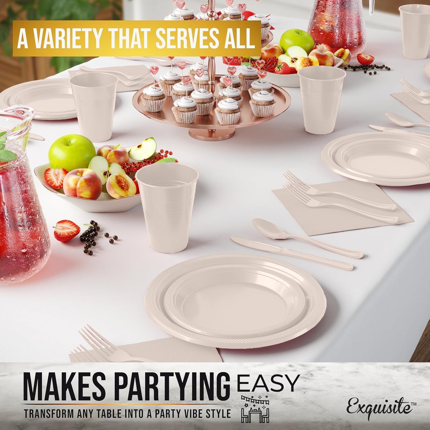 Party Solids 350 Pieces Ivory Plastic Plates For Party, Ivory Disposable Plates Set, 50 Of Each 9" Dinner Plate Set, 7" Dessert Plate, Cups, Napkins & Cutlery Plastic Dinnerware