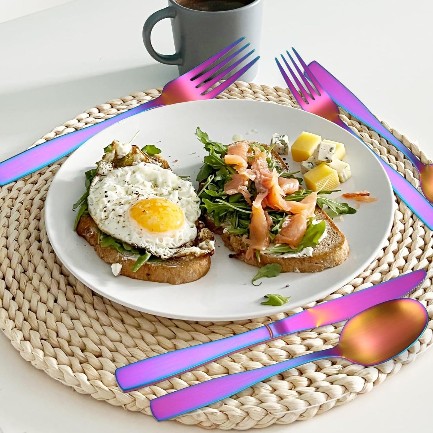 Matte Rainbow Silverware Stainless Steel Flatware Set for 6 Colorful Cutlery Set 30 pieces Include Forks Spoons and Knives for Kitchen Home Restaurant Satin Finish Square Edge Handle