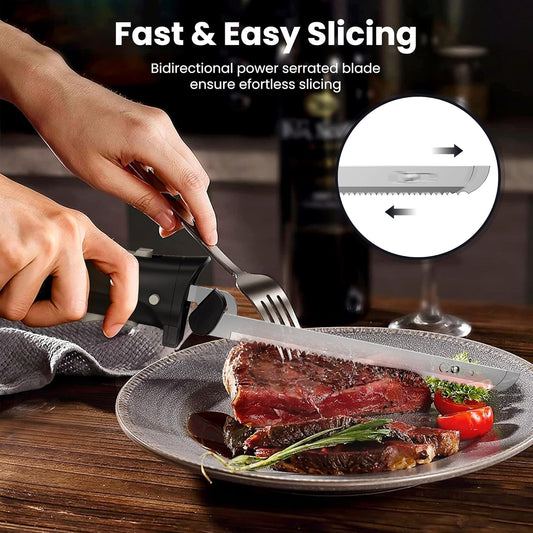 DUSSAL Cordless Electric Knife, Electric Bread Knife with 4 Stainless Steel Blades, Safety Lock Switch, Blade Release Buttons, On/Off button, Cutting Meats, Fish, Poultry, Bread, Cheese & More (Black)