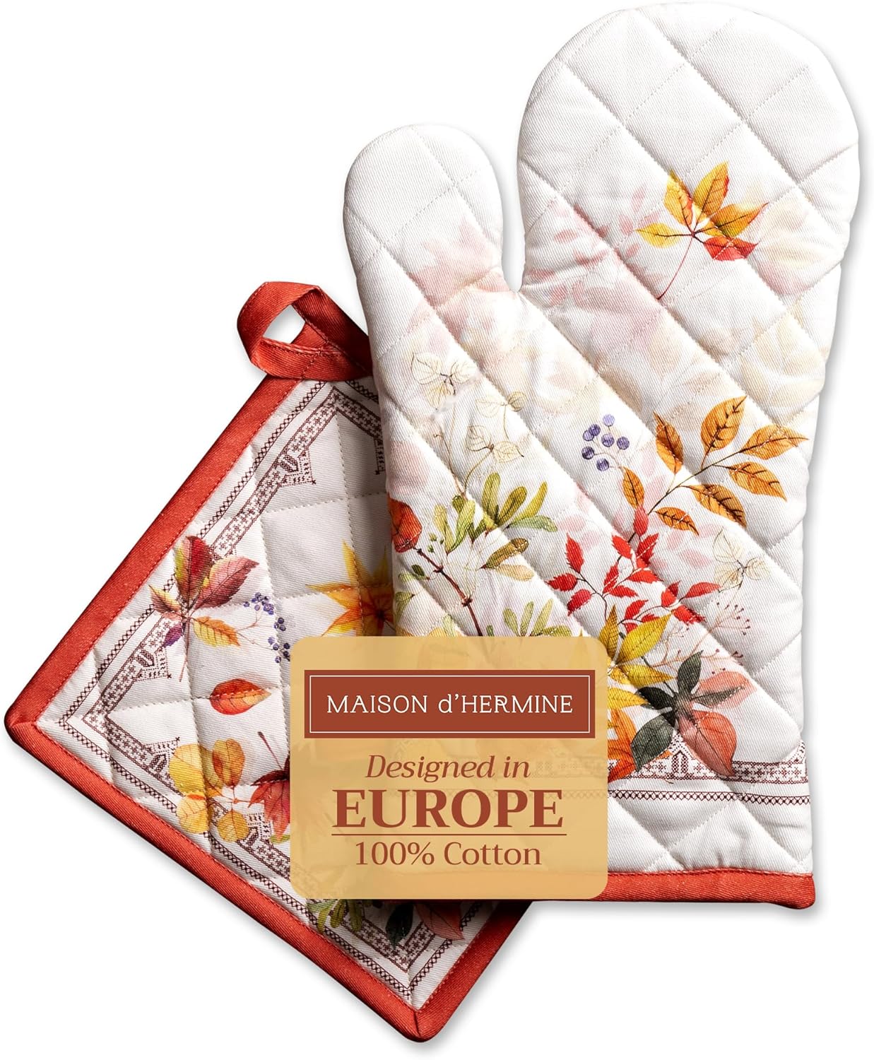 Maison d' Hermine 100% Cotton Oven Mitt & Pot Holder Set (7.5"x13" & 8"x8") Heat Resistant BBQ Cooking Gloves with Loop for Thanksgiving Christmas Decorations Handling Hot Pans (Amarante)