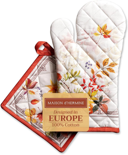 Maison d' Hermine 100% Cotton Oven Mitt & Pot Holder Set (7.5"x13" & 8"x8") Heat Resistant BBQ Cooking Gloves with Loop for Thanksgiving Christmas Decorations Handling Hot Pans (Amarante)