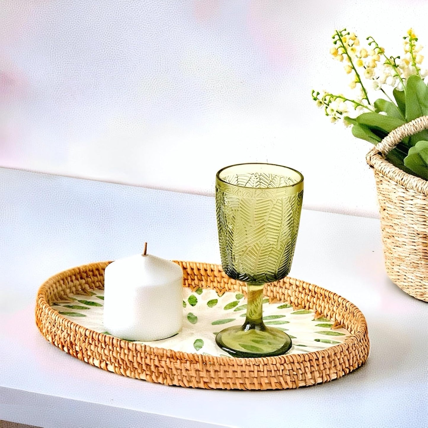 i-lan Set of 3 Oval Rattan Serving Trays with Mother of Pearl Inlay, 13" 12" 11" Woven Platters for Home Decor, Coffee Table, Vanity & Display