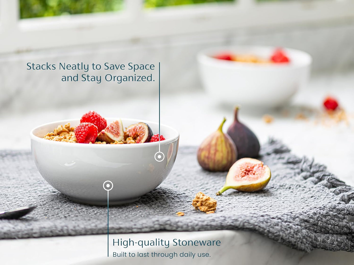 KooK Soup Bowls, Cereal Bowl, Ceramic, Bowls for Kitchen, Microwave, Dishwasher and Freezer Safe, Porcelain Dishes for Pasta, Salad, Oatmeal, Deep Interior, 20 oz, Set of 6, (White)